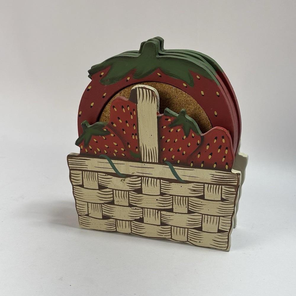 Vintage Wooden Strawberry Cork Coasters In Basket (4) Cottage Core Farmhouse
